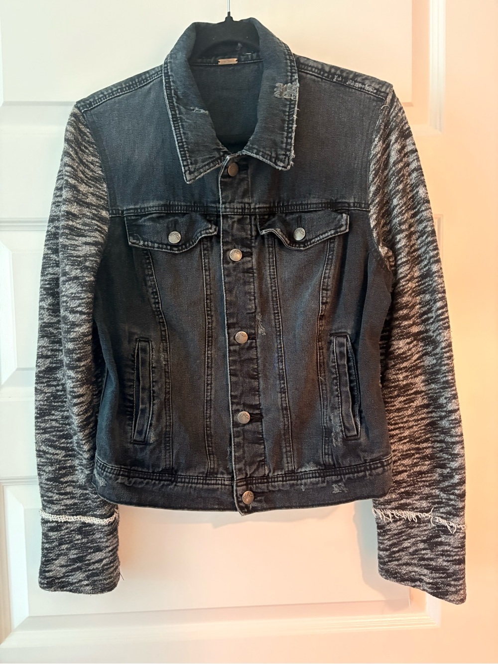 Free People Distressed  Black and Gray‎ Jean Jacket Hybrid- Small